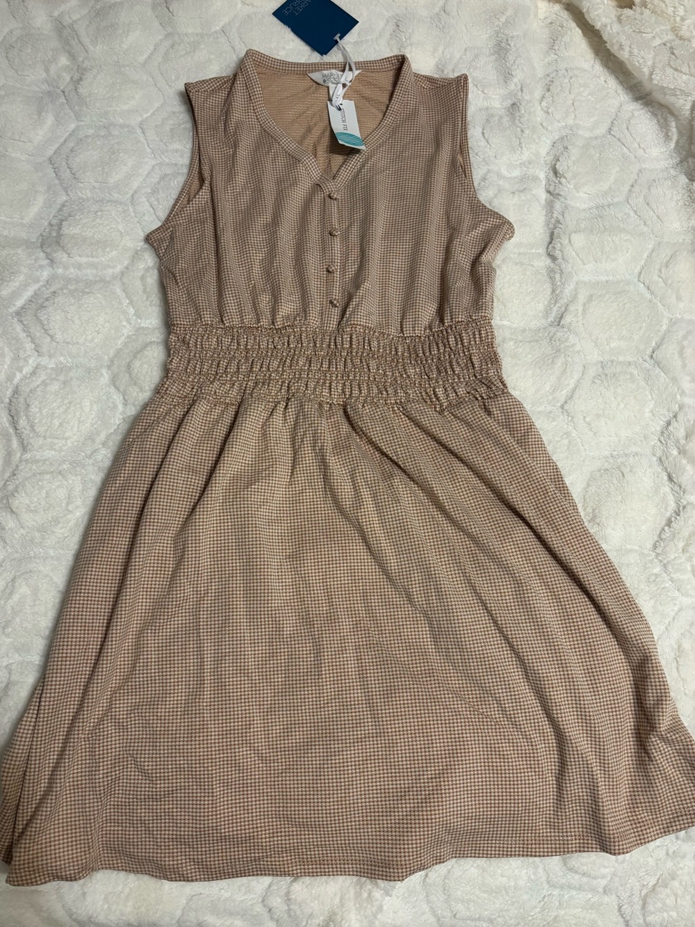 Sleeveless Smocked Waist Midi Dress in Light Brown gingham